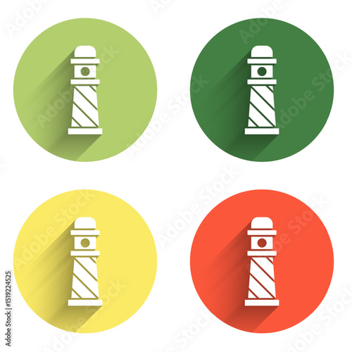 Set Lighthouse icon isolated with long shadow background. Color circle button. Vector