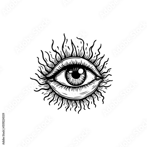 All seeing eye symbol, monochrome vintage drawing, occult mysticism concept illustration