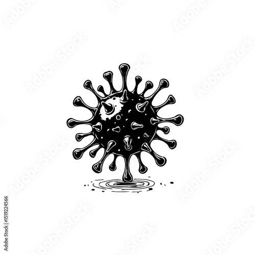 Monochrome illustration of a coronavirus cell with detailed spiky projections