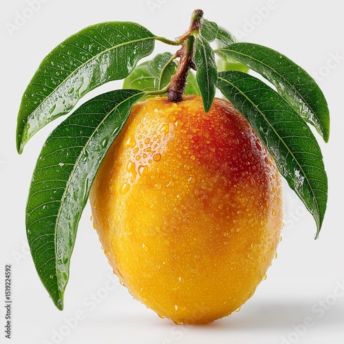 Fresh ripe orange with green leaves on white background