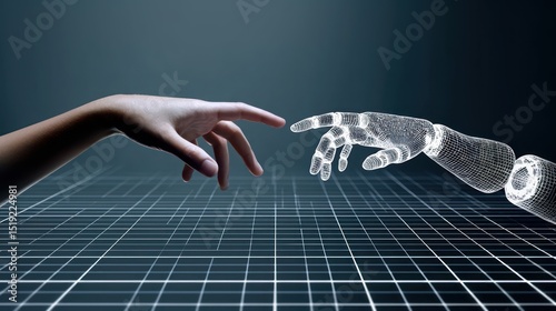 Human hand touches wireframe robot in glowing hologram, showing digital twins, digital clone, predictive analytics for human ai collaboration