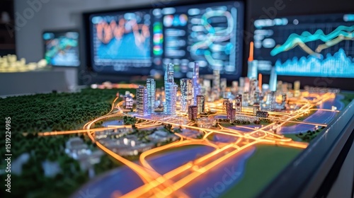 City lights and roads form urban skyline showing digital twins, digital clone, predictive analytics for smart city planning and data driven design