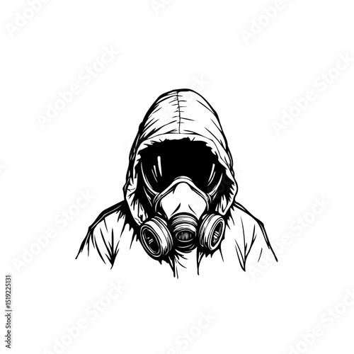 Monochrome illustration of a figure wearing a gas mask and hooded top design