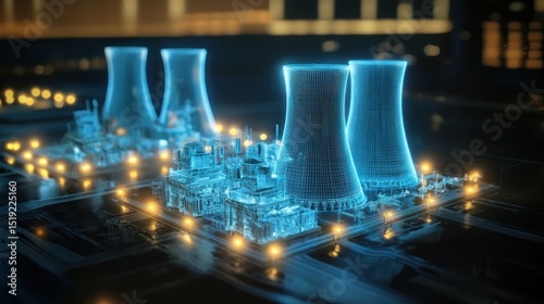 Nuclear plant glows with blue hologram towers, showing digital twins, digital clone, predictive analytics for energy systems and digital modeling