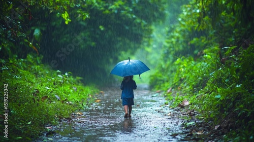 A child with an umbrella walking alone on a narrow path through a rainforest during monsoon season dense jungle