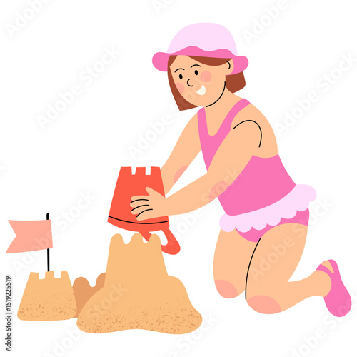 Little girl playing on the beach, building sandcastles. Summer fun, childhood joy and outdoor activity by the sea.