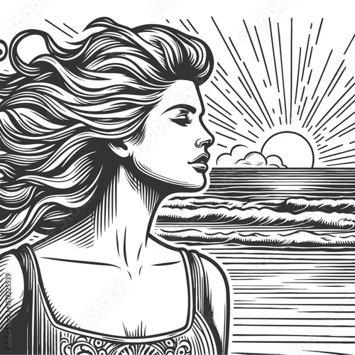 beautiful woman with flowing hair, gazing thoughtfully near a coastal landscape with waves sketch engraving generative ai vector illustration. Scratch board imitation. Black and white image.