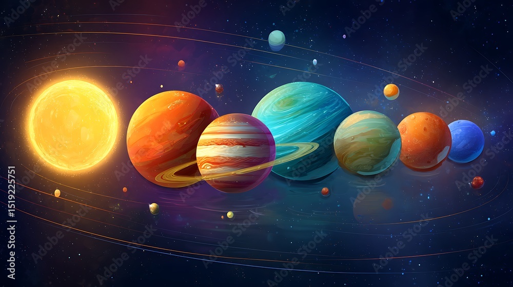 Naklejka premium Vibrant Solar System A Colorful Illustration of Planets and Celestial Bodies