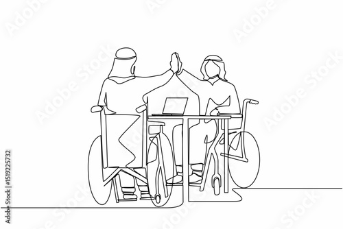 Continuous one line drawing two disabled Arab men give high five coworker. Office worker sitting in wheelchair joy. Colleague celebrating success. Good job sign. Single line design vector illustration