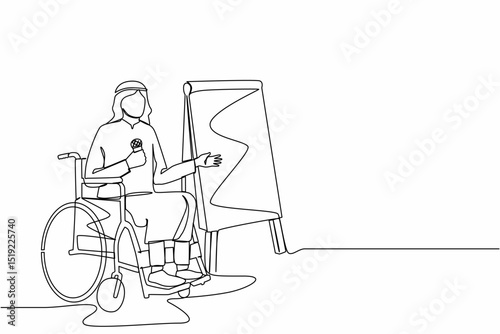 Single continuous line drawing Arabian businessman on wheelchair using microphone, presentation infographics on flip chart at weekly office report meeting. One line graphic design vector illustration