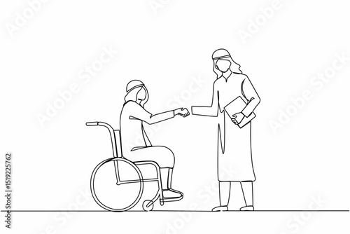 Single continuous line drawing disabled Arabian businessman in wheelchair shaking hand with business partner. Disability manager dialogue with business colleague. One line draw graphic design vector
