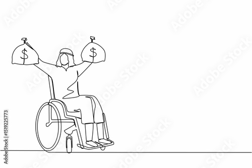 Continuous one line drawing Arabian businessman holding dollar money bag. Disability insurance benefit payments for disabled wheelchair man. Protection program. Single line design vector illustration