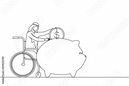 Single one line drawing happy disabled Arabian man saving money. Person in wheelchair holding piggy bank and thinking of money. Disability, finance concept. Continuous line draw design graphic vector