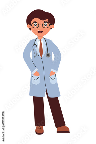 Doctor character in a blue lab coat with a stethoscope standing cheerfully in a playful style. Vector illustration in flat style isolated on white background.