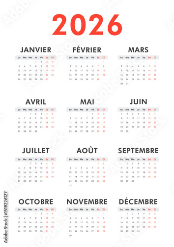 2026 calendar modern classic on French language. Week starts on Monday. Desk or wall A4 vertical calendar in minimalist style
