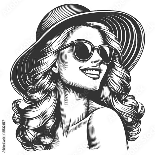 woman wearing a wide-brimmed hat and sunglasses, symbolizing summer, beauty, and carefree joy sketch engraving generative ai fictional character vector illustration. Scratch board. Black and white.