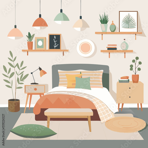 Modern Minimalist Bedroom Design with Pastel Colors and Plants