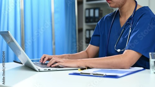 Medical technology concept. Doctor working with mobile phone and stethoscope in modern office