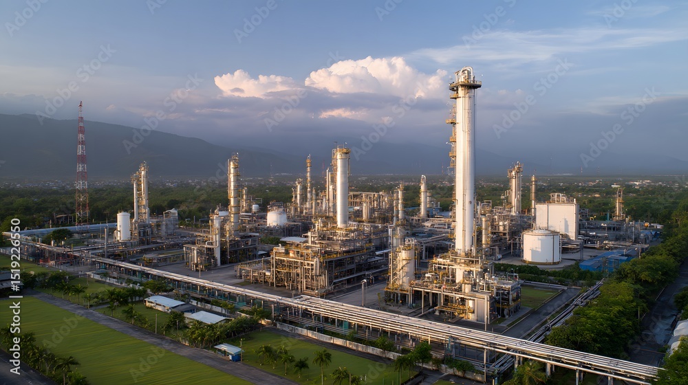 Obraz premium Aerial view of an industrial refinery plant, showcasing modern energy infrastructure and technological progress