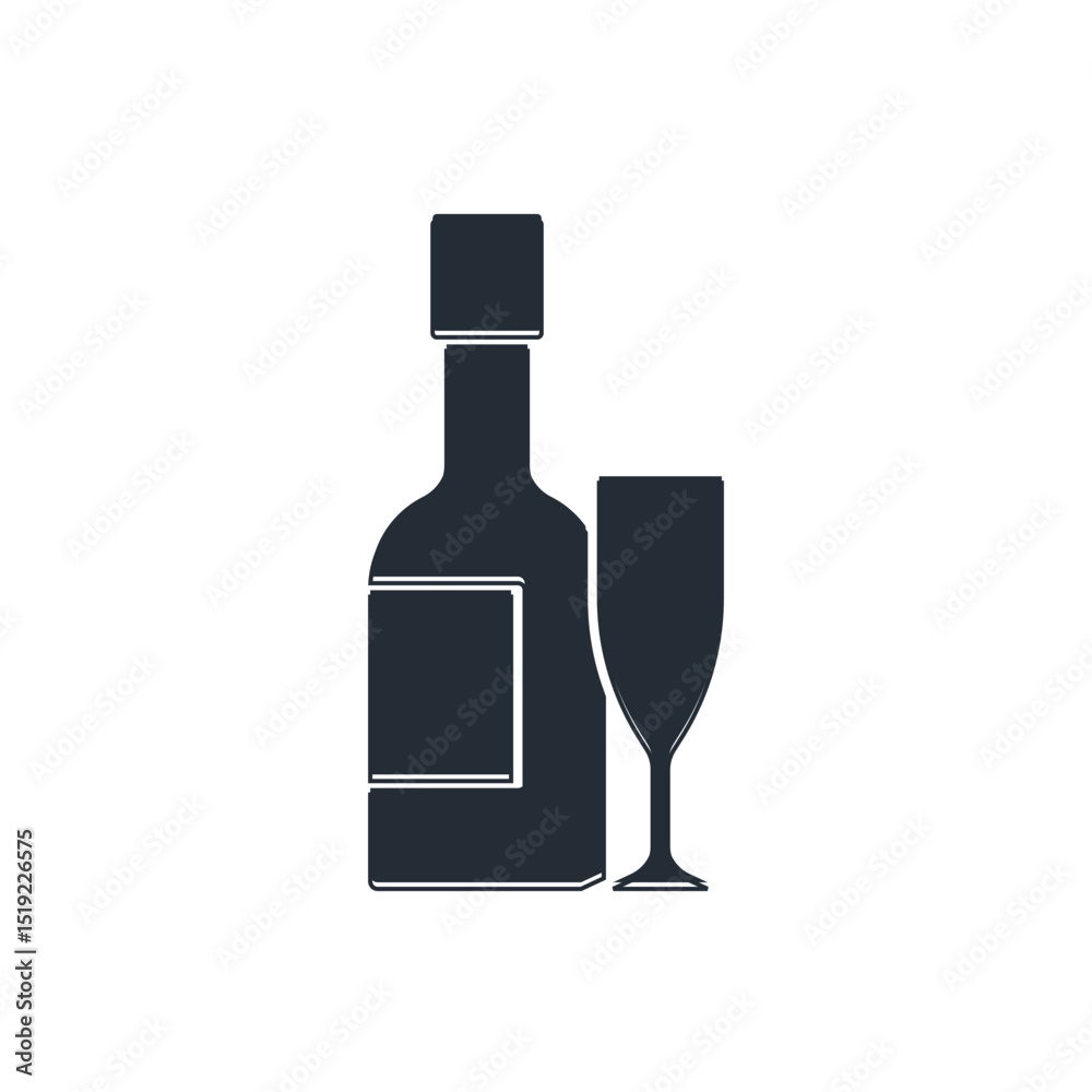 Black Champagne bottle and glass of champagne icon isolated on white background. Merry Christmas and Happy New Year. Vector