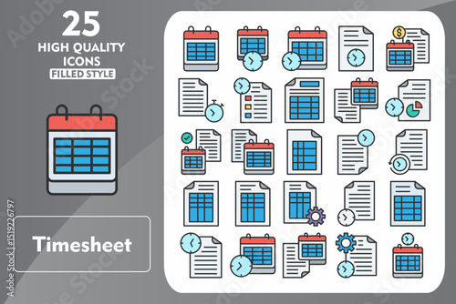 Timesheet Line Filled Icon Set. Incleded Icons Calendar, Schedule, Paper, Grid, Document, Time, File, Time management, Work schedule. Vector Icons Collection
