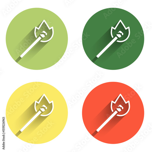 Set Burning match with fire icon isolated with long shadow background. Match with fire. Matches sign. Color circle button. Vector