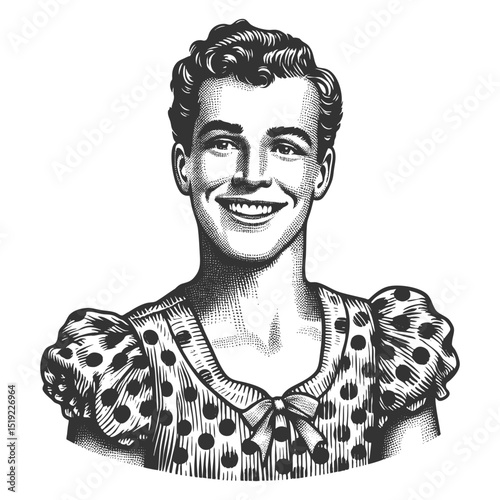 cheerful person wearing a polka dot dress with lace collar, combining retro charm with playful expression sketch engraving generative ai fictional character vector illustration. Black and white image.