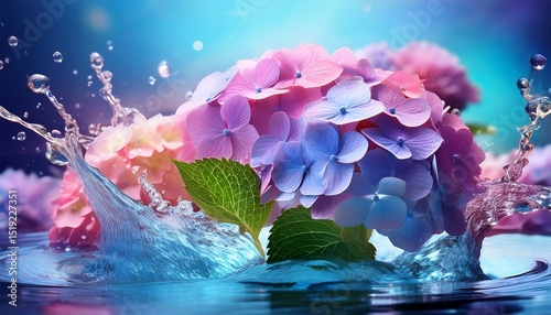 色鮮やかな紫陽花、水飛沫、美しいグラデーション、デスクトップ画面、シンプルな背景画像 Generated by AI