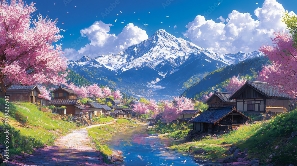Naklejka premium Enchanting Anime-Inspired Japanese Countryside: 4K Widescreen Wallpaper of Spring Mountain Village. Breathtaking Natural Landscape with Vibrant Colors and Serene Atmosphere. Perfect for Digital Art