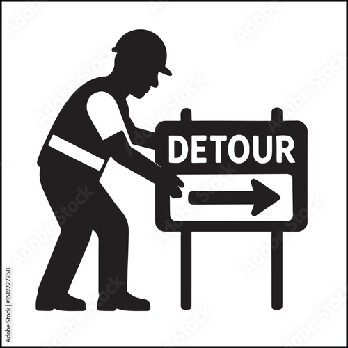 Construction worker placing detour board silhouette