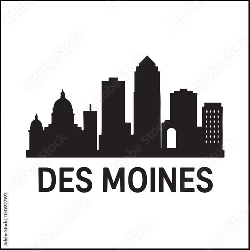 Des Moines skyline with capitol buildings silhouette