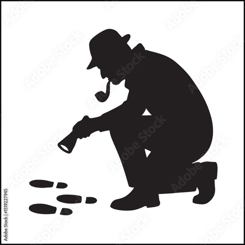 Detective investigating footprints silhouette