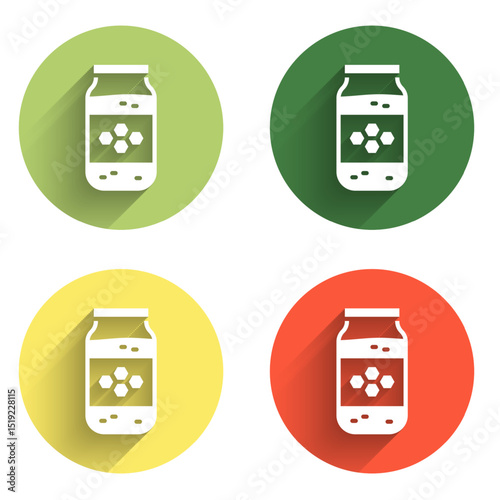 Set Jar of honey icon isolated with long shadow background. Food bank. Sweet natural food symbol. Color circle button. Vector