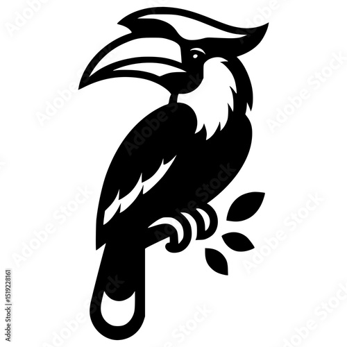 A black and white image of a hornbill with its unique beak and curved silhouette, perched in profile