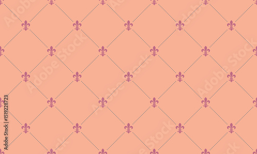 Elegant peach background featuring a repeating fleurdelis pattern.  Perfect for website design, stationery, packaging, or any project needing a sophisticated, vintage touch.