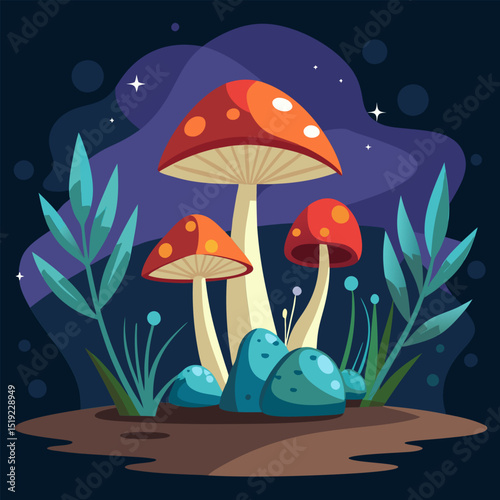 Enchanted Forest. A Night Scene with Glowing Mushrooms