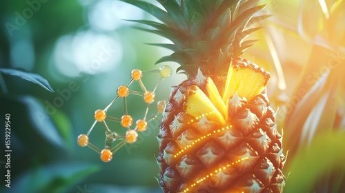 pineapple juice with digestive enzymes highlighted, including bromelain molecule and stomach graphics photo