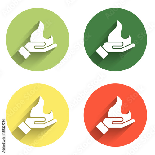 Set Hand holding a fire icon isolated with long shadow background. Color circle button. Vector