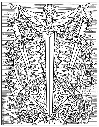 Fantasy engraved illustration with three swords, broken heart and decorated elements for coloring, tattoo, print, tarot cards. Vector line art graphic. Gothic, epic and vintage concept 