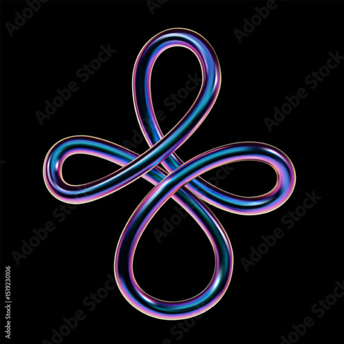 Abstract 3D chrome loop with neon glow in Y2K style. Glossy metallic vector shape for modern digital design