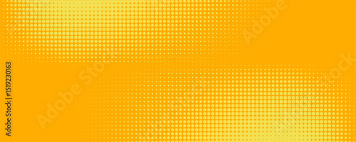 Yellow halftone pattern. Retro comic gradient background. Bright orange pixelated dotted texture overlay. Cartoon pop art faded gradient pattern. Vector backdrop for poster, banner, advertisement