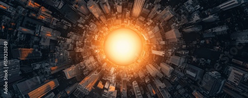 A glowing sun-like light radiates from the center of a futuristic cityscape viewed from above, creating a dramatic, sci-fi effect.