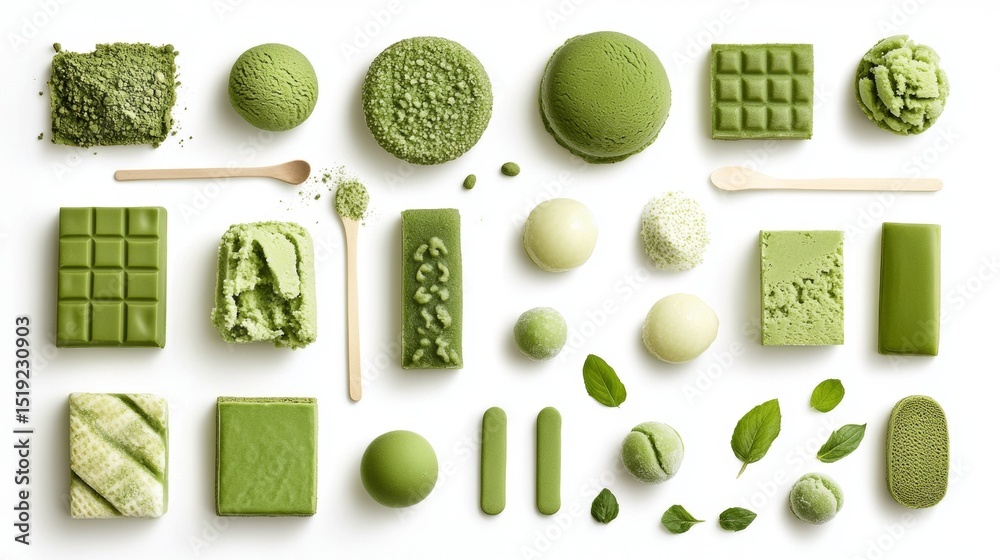 Naklejka premium A flat lay of matcha dessert items including mochi, matcha cake, and ice cream all arranged neatly on a solid white background clean 
