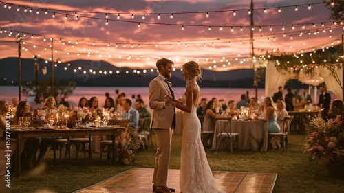 Joyful wedding reception with sunset and dancing guests at twilight