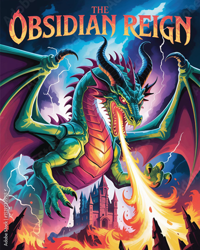 The Obsidian Reign Dragon Fantasy Art with Fire and Lightning