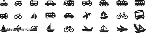 transport and Transportation, vehicle icon set. Vector glyph pictograms of travel, logistics, public transit concepts, car, train, bus, bicycle, boat,ship, and airplane black silhouette illustration.
