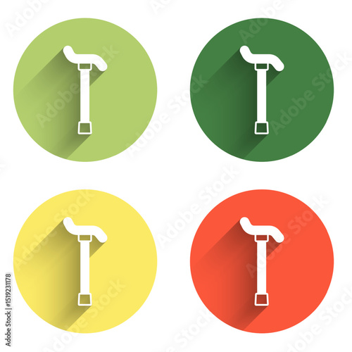 Set Walking stick cane icon isolated with long shadow background. Color circle button. Vector