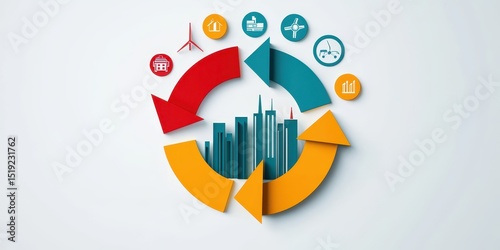 Colorful arrows form a circular flowchart around a city skyline, highlighting industry, energy, and sustainability icons on a white background.