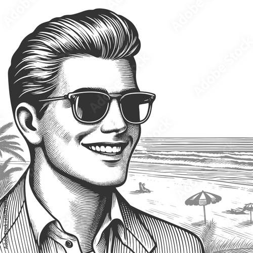 cheerful man in sunglasses enjoying a sunny day at a palm-lined tropical beach sketch engraving generative ai fictional character vector illustration. Scratch board imitation. Black and white image.