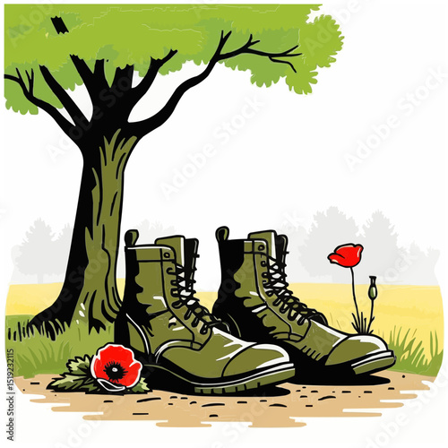 Two military boots rest beneath a tree, accompanied by a poppy, symbolizing remembrance and sacrifice. 